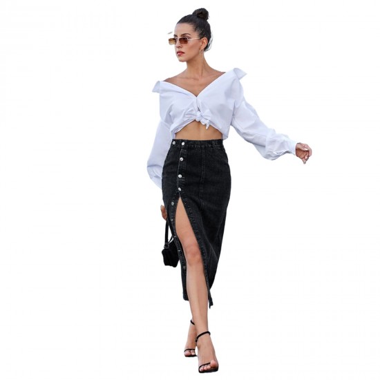Women's High Waisted Split Button Denim Length Skirts Flared Solid Long Casual Pencil Skirts Black