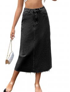 Wommen's High Waisted Denim Length Skirts Slim Flared A-line Versatile Casual Solid Long Skirts Black