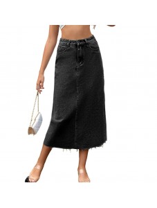 Wommen's High Waisted Denim Length Skirts Slim Flared A-line Versatile Casual Solid Long Skirts Black