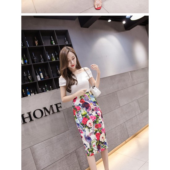 Women's High Waist Printed Pencil Skirts Slit out Sexy Print skirt Casual Stretch Bodycon Knee Work Skirts