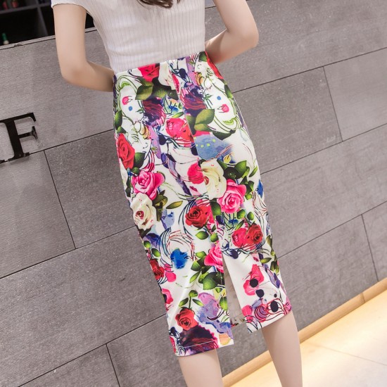 Women's High Waist Printed Pencil Skirts Slit out Sexy Print skirt Casual Stretch Bodycon Knee Work Skirts