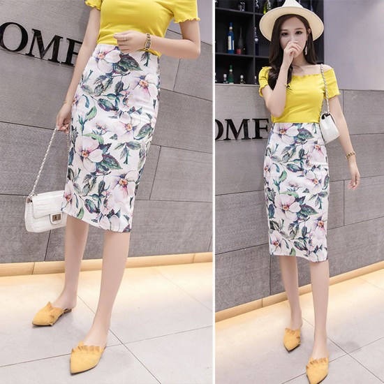 Women's High Waist Printed Pencil Skirts Slit out Sexy Print skirt Casual Stretch Bodycon Knee Work Skirts