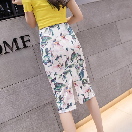 Women's High Waist Printed Pencil Skirts Slit out Sexy Print skirt Casual Stretch Bodycon Knee Work Skirts