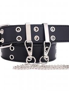 Womens Double Grommets Leather Jeans Belt Punk Studded Belt Rock Belt black