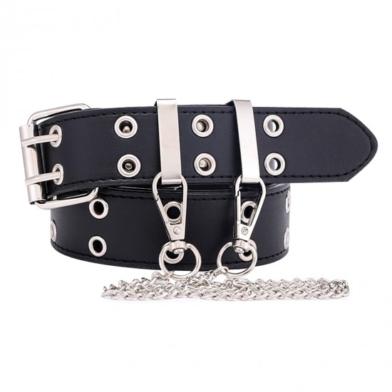 Womens Double Grommets Leather Jeans Belt Punk Studded Belt Rock Belt black