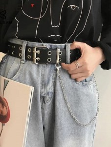 Womens Double Grommets Leather Jeans Belt Punk Studded Belt Rock Belt black