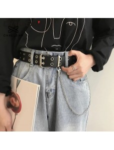 Womens Double Grommets Leather Jeans Belt Punk Studded Belt Rock Belt black