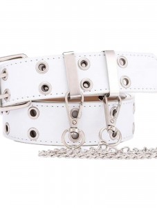 Womens Double Grommets Leather Jeans Belt Punk Studded Belt Rock Belt white