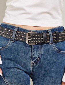 Womens Double Grommets Leather Jeans Belt Goth Studded Belt Punk Rock Wasit Belt white