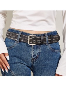 Womens Double Grommets Leather Jeans Belt Goth Studded Belt Punk Rock Wasit Belt white