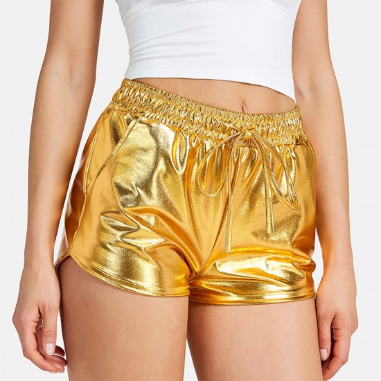 Women's Faux leather Metal Reflective Shorts Hot Shiny Shorts Night show Beach Sexy Pants Gold