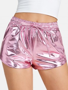 Women's Faux leather Metal Reflective Shorts Hot Shiny Shorts Night show Beach Sexy Pants Pink