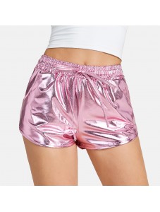 Women's Faux leather Metal Reflective Shorts Hot Shiny Shorts Night show Beach Sexy Pants Pink