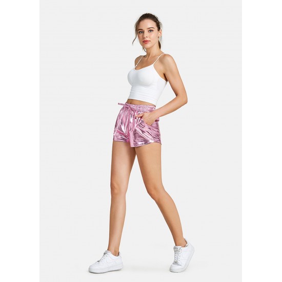 Women's Faux leather Metal Reflective Shorts Hot Shiny Shorts Night show Beach Sexy Pants Pink