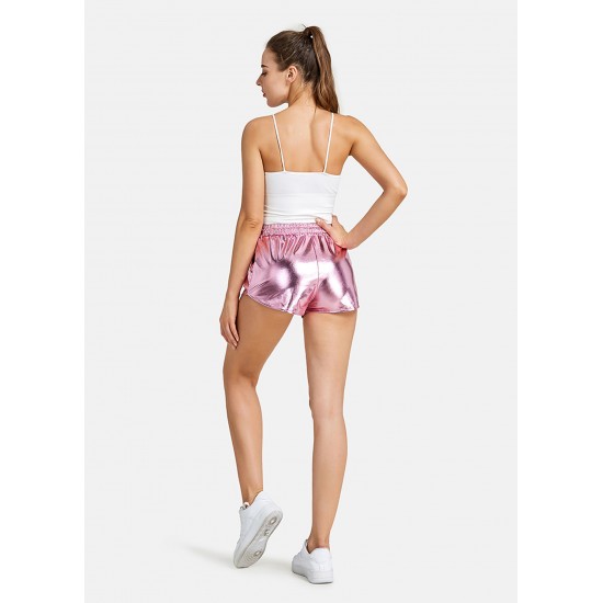 Women's Faux leather Metal Reflective Shorts Hot Shiny Shorts Night show Beach Sexy Pants Pink