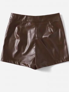 BSJIA Women's Faux Leather Shorts High Waisted Straight Leg Stretchy Skinny PU Leather Mini Shorts Coffee