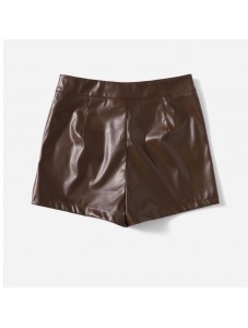 BSJIA Women's Faux Leather Shorts High Waisted Straight Leg Stretchy Skinny PU Leather Mini Shorts Coffee