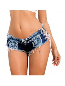 Women's Low Rise Lace Up Cheeky Mini Denim Shorts Clubwear