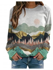 Printed Long Sleeve Tshirts for Women Men Loose Fit Crew Neck Mountain Sunset Dusk Print Sweatshirts Casual