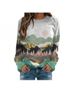 Printed Long Sleeve Tshirts for Women Men Loose Fit Crew Neck Mountain Sunset Dusk Print Sweatshirts Casual