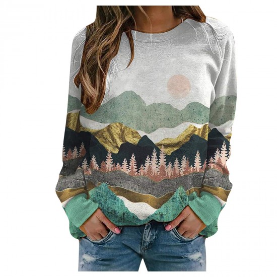 Printed Long Sleeve Tshirts for Women Men Loose Fit Crew Neck Mountain Sunset Dusk Print Sweatshirts Casual