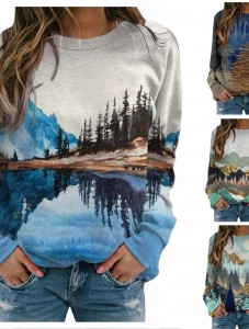 Printed Long Sleeve Tshirts for Women Men Loose Fit Crew Neck Mountain Sunset Dusk Print Sweatshirts Casual