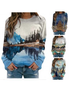 Printed Long Sleeve Tshirts for Women Men Loose Fit Crew Neck Mountain Sunset Dusk Print Sweatshirts Casual