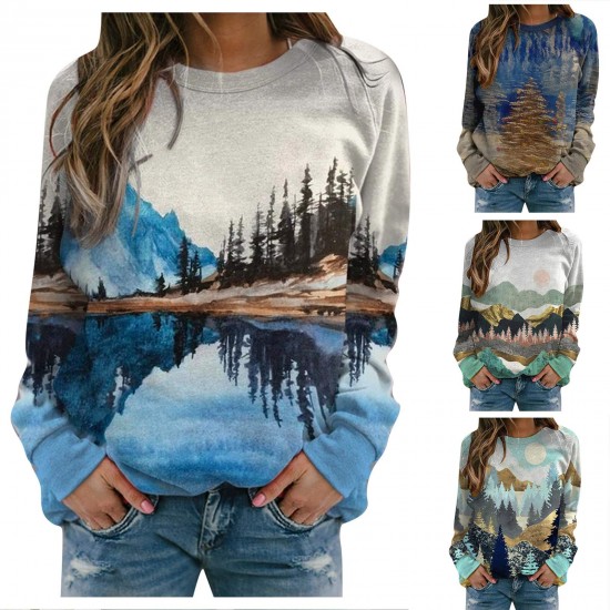 Printed Long Sleeve Tshirts for Women Men Loose Fit Crew Neck Mountain Sunset Dusk Print Sweatshirts Casual