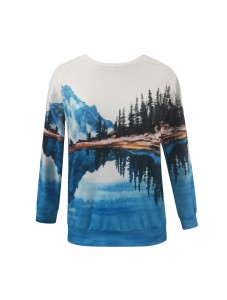 Long Sleeve Printed Tshirts for Women Men Loose Fit Crew Neck Mountain Landscape Print Sweatshirts Casual