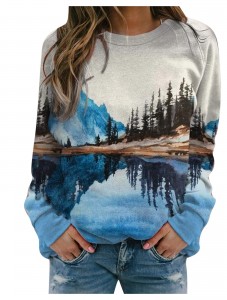 Long Sleeve Printed Tshirts for Women Men Loose Fit Crew Neck Mountain Landscape Print Sweatshirts Casual