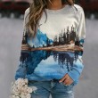 Long Sleeve Printed Tshirts for Women Men Loose Fit Crew Neck Mountain Landscape Print Sweatshirts Casual